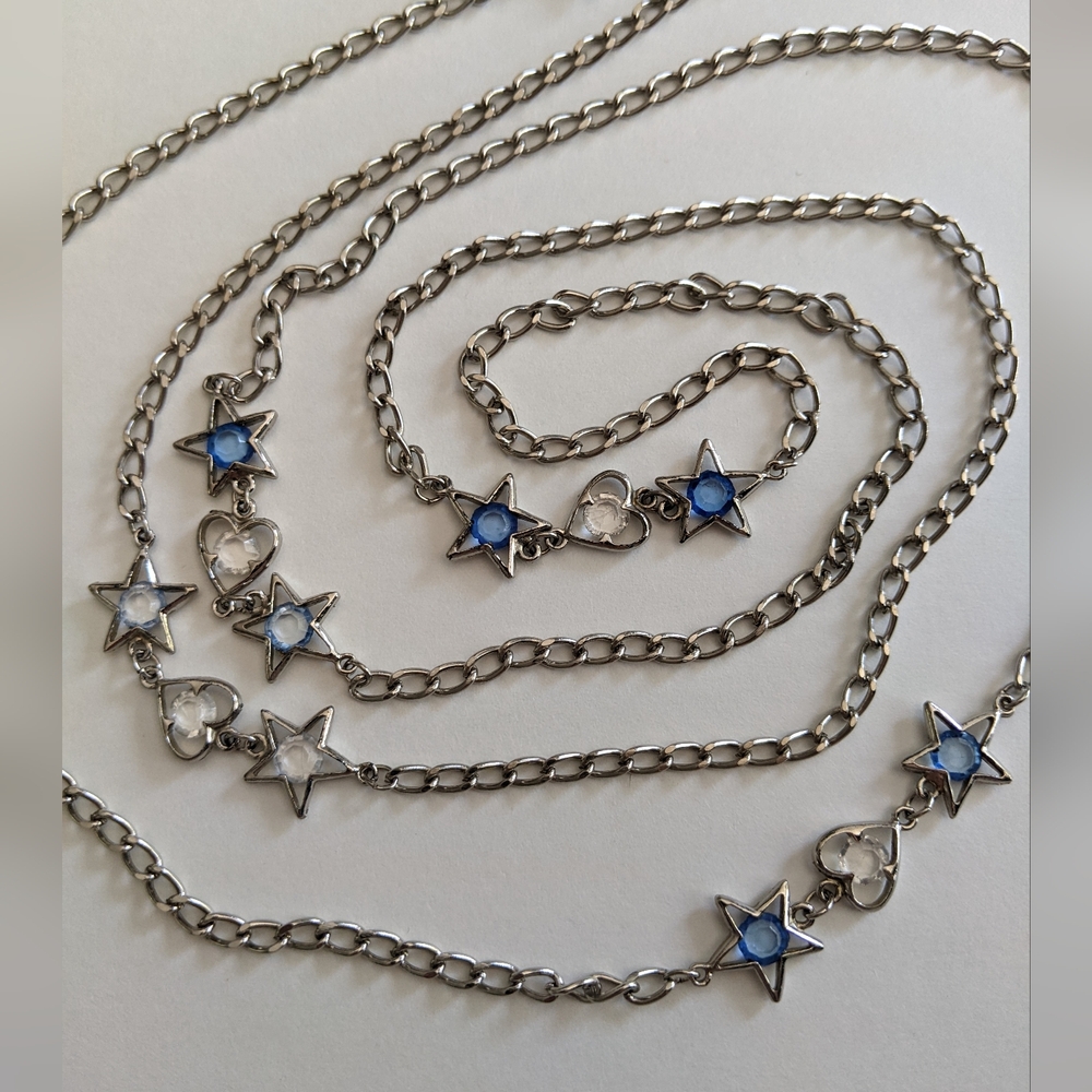 ☀️ Hearts and Stars Loop Necklace, Silver toned with blue accents